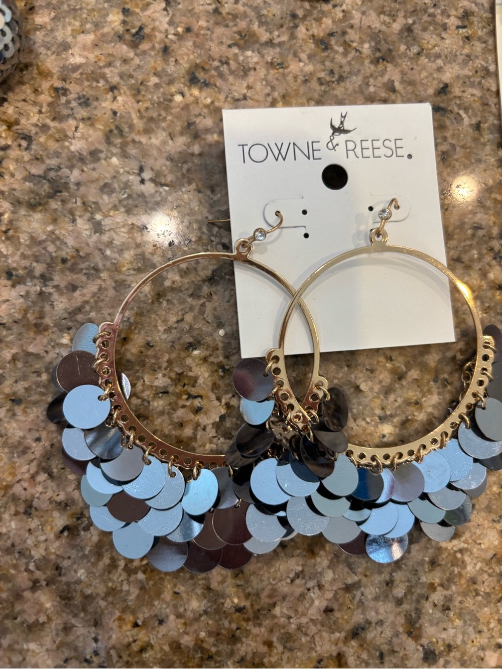 Towne & Reese Gold Hoop Earrings with Blue and Black Discs